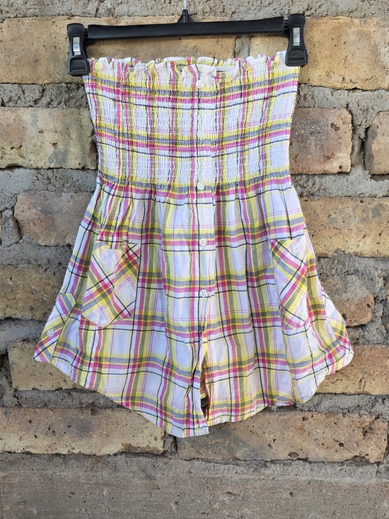 OP Tops - ​Op. Smocked Plaid Tube Top - Pink Yellow White - Size S